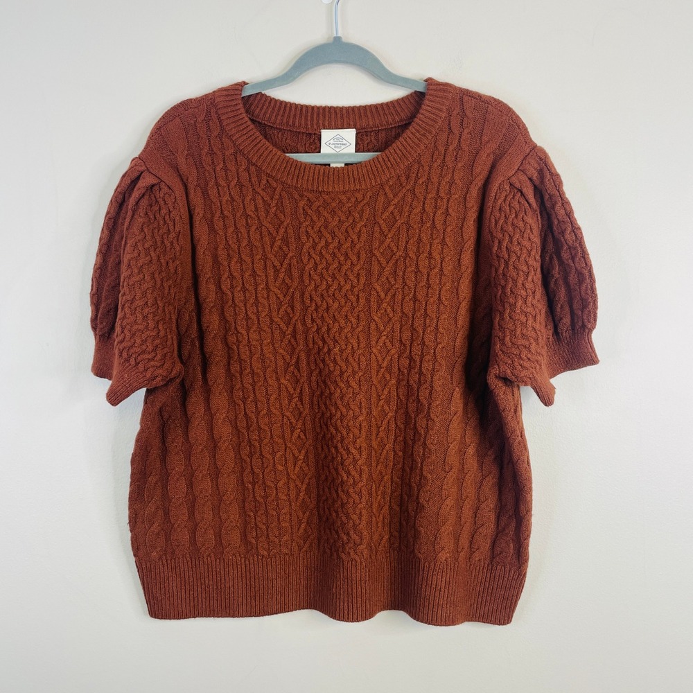 St Johns Bay Preppy Cable Knit Sweater Womens XLarge Rust Puff Sleeve Soft Cozy
